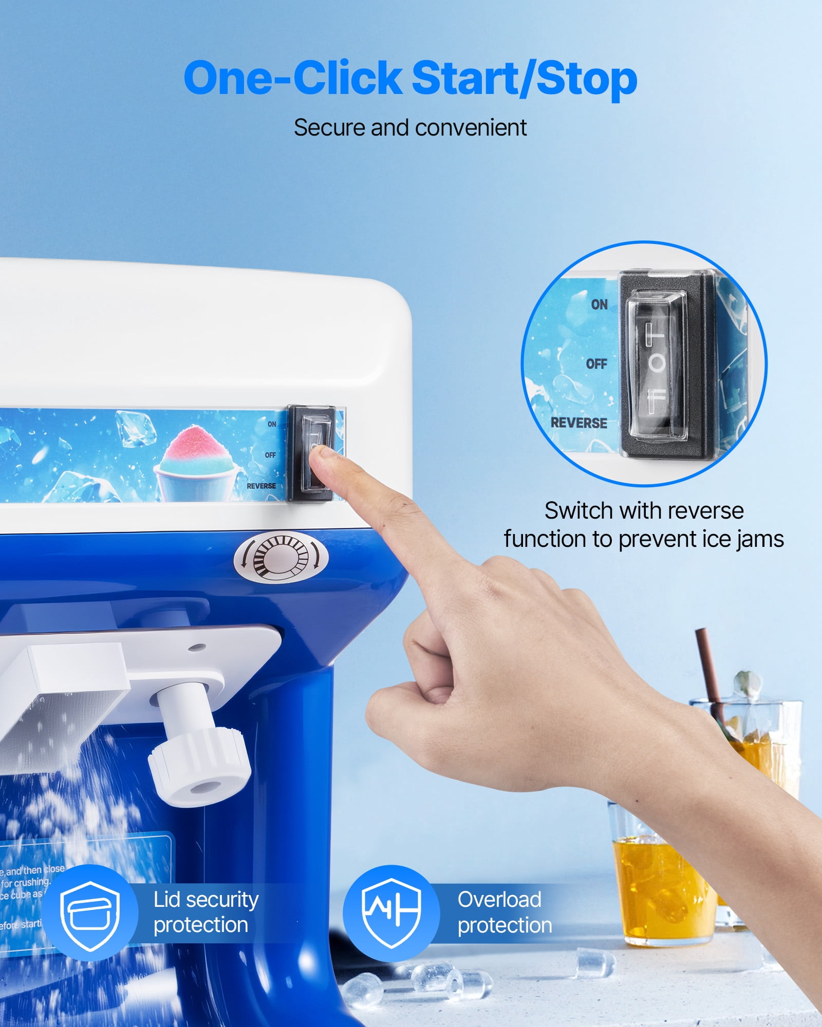 VEVOR Commercial Ice Shaver Crusher,286lbs Per Hour Electric Snow Cone Maker with 2L Ice Cube Box,250W 1500RPM Tabletop Shaved Ice Machine for Parties Events Snack Bar,Home and Commercial Use (Blue)