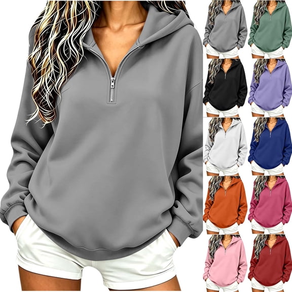 Yxbdin Comfortable Hoodies for Women Trendy Quarter Zip Sweatshirt Tops Loose Fit Fall Clothes Classic Long Sleeve Pullover Everyday Daily Wear