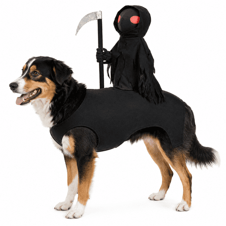 3D Grim Reaper Rider Pet Costume for Dogs and Cats Funny Halloween Cosplay Outfit with Adjustable Magic Tape Small to Large Pet Party Parade and Photo Costume