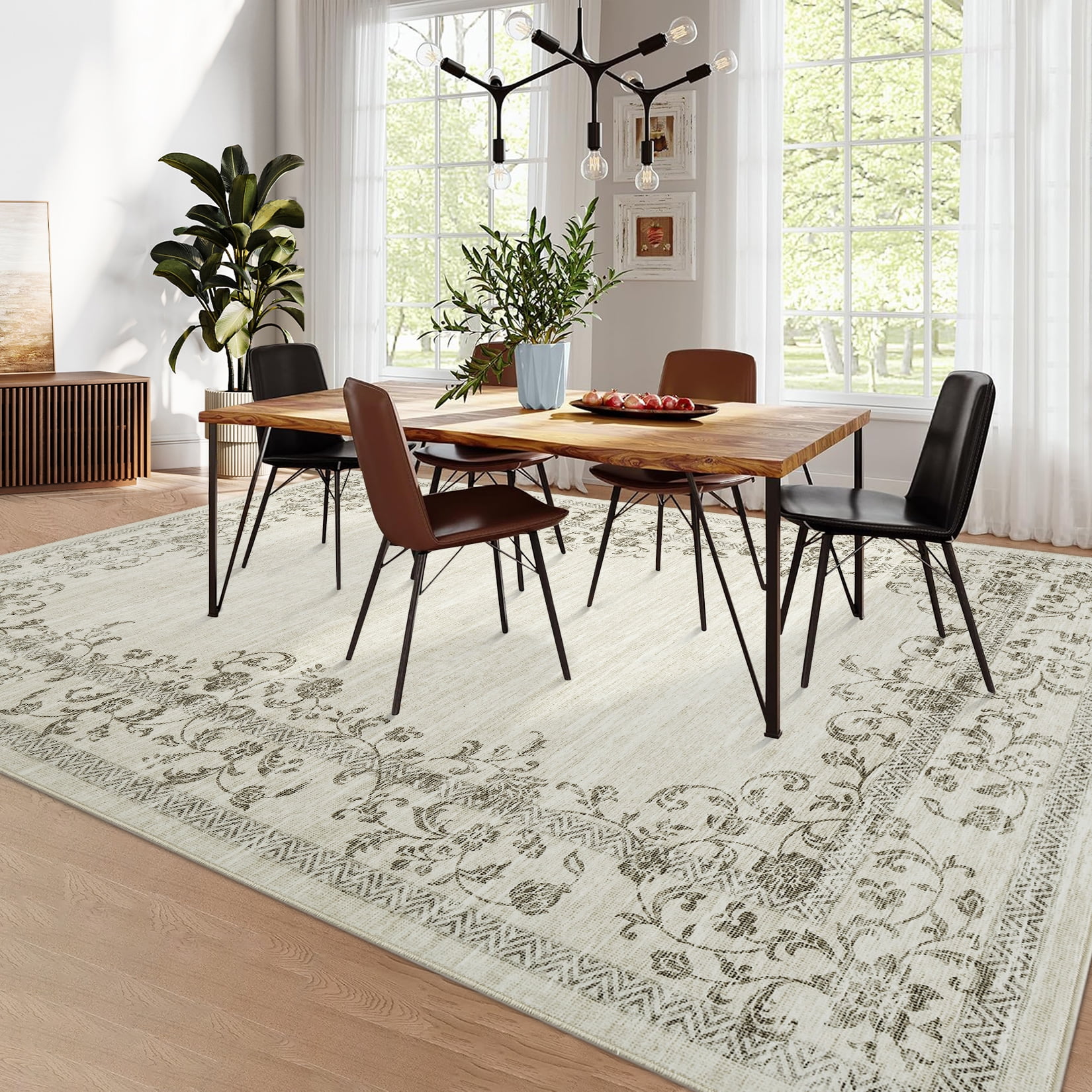 Garvee 8'x10' Area Rugs, Oriental Rug Floral Print Rugs Soft Washable Rugs for Living Room Bedroom Home Decor, Non-Slip Durable Carpet, Beige