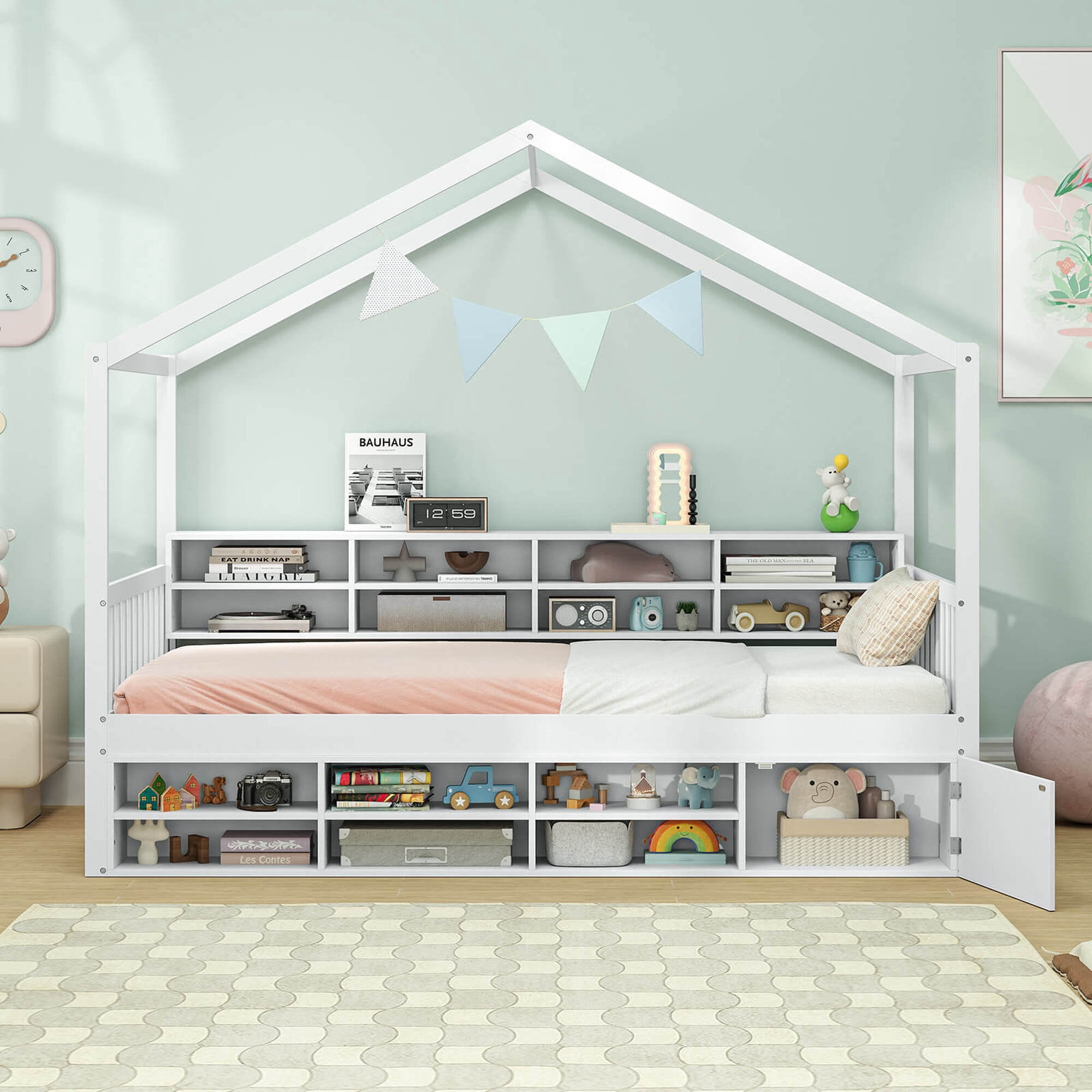 Costway Twin Size House Bed Wooden Platform Bed Frame with Roof & 14 Storage Cubes White