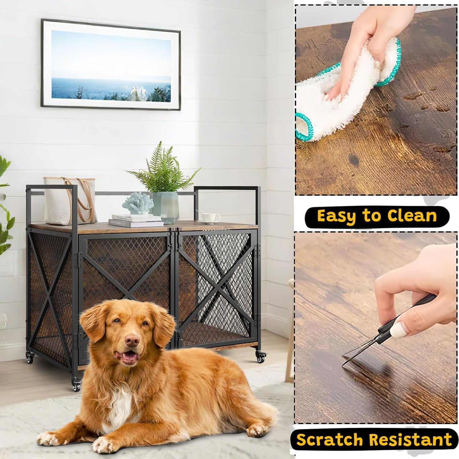 41" Heavy Duty Dog Crate Furniture with Lockable Caster Wheels & Divider – Rustic Indoor Wooden Kennel Table for Large and Medium Dogs, Easy Assembly