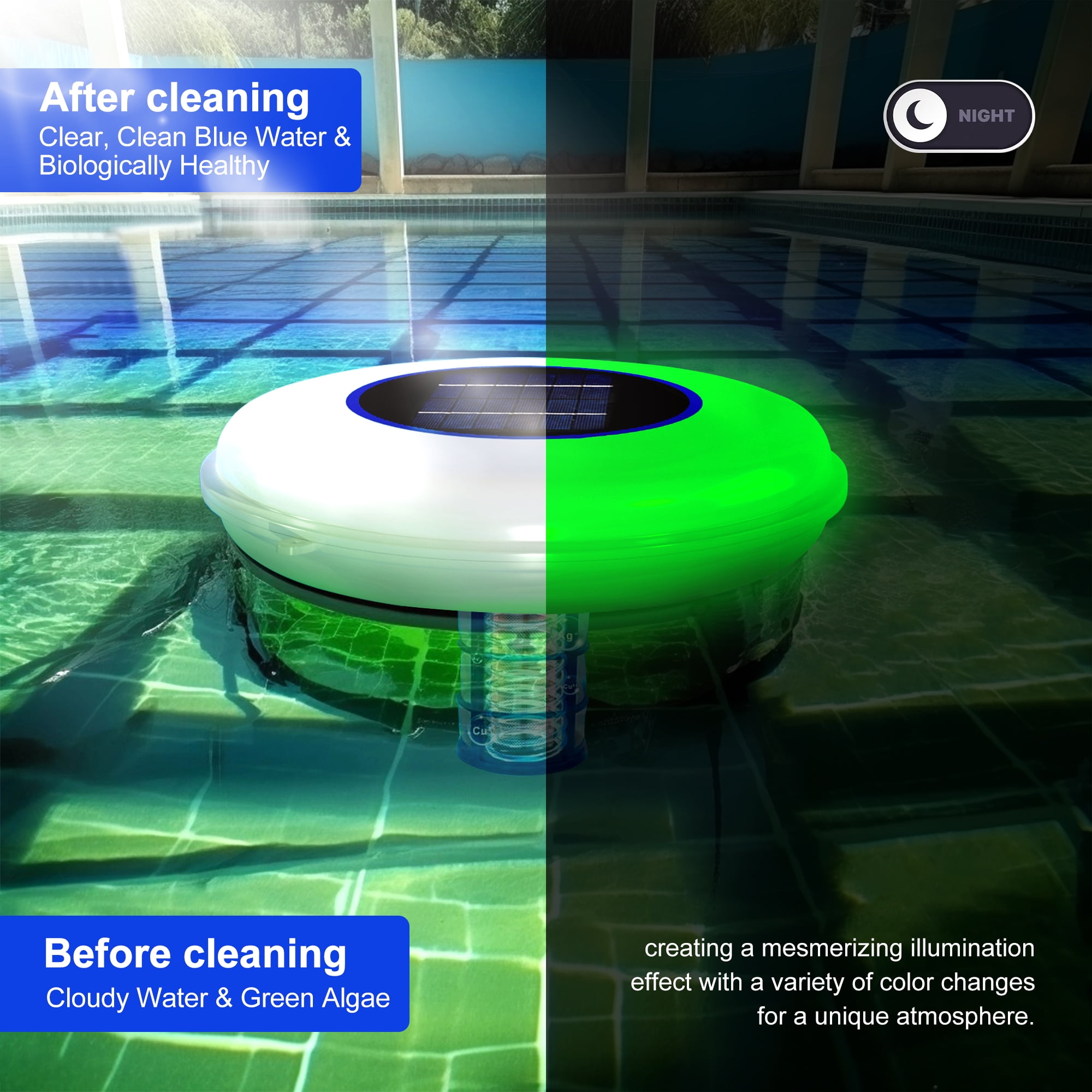 FOXLUX Solar Pool Cleaner & LED RGB Floating Light with Copper Ionization, Solar Powered for Crystal Clear Water, Up to 35,000 Gallons, for Fresh & Salt Water Pools & Spas