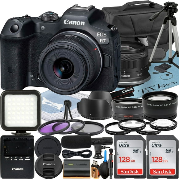Canon EOS R7 Mirrorless Camera with RF-S 18-45mm Lens + 2 Pack SanDisk 128GB Memory Card + Case + ZeeTech Accessory