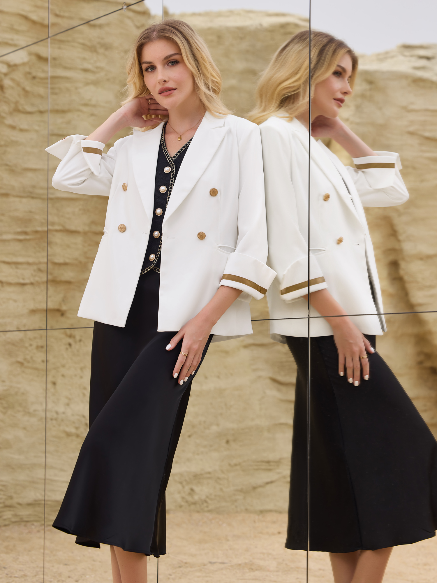 DARING DIVA Women's Blazer Double Breasted 3/4 Sleeve Office Suit Jacket S White