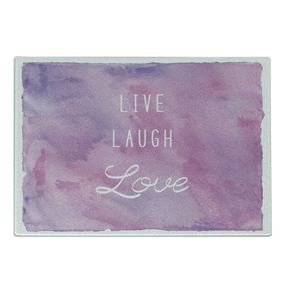 Live Laugh Love Cutting Board, Dreamy Watercolors Brushstrokes with Positive Words Message, Decorative Tempered Glass Cutting and Serving Board, Small Size, Pale Pink Lavender White, by Ambesonne