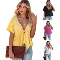 thumbnail image 2 of Women Short Sleeve V-Neck Blouses Peplum T Shirt Casual Loose Solid Pleated Ruffle Hem Pullover Crop Top, 2 of 18
