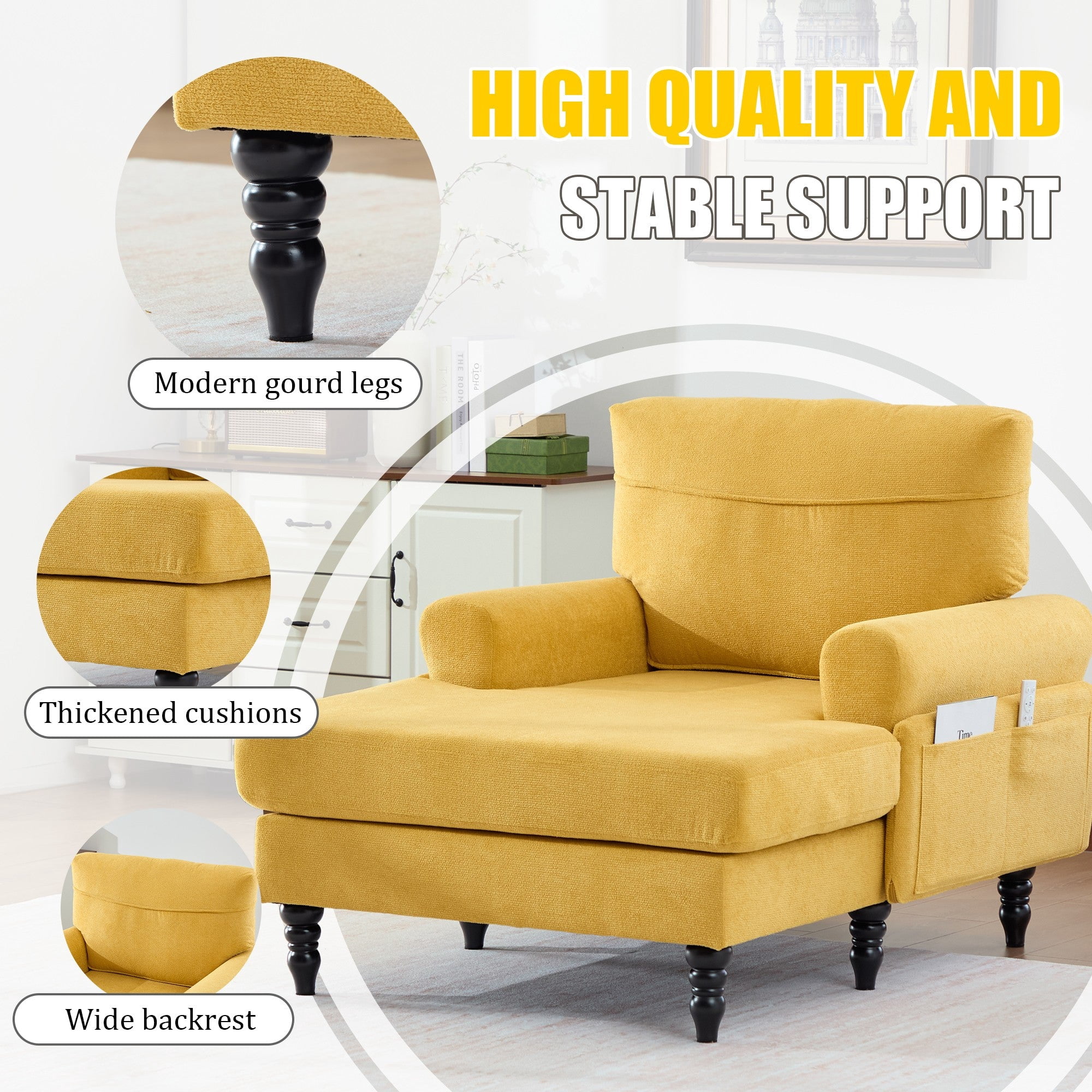 Sailvan Modern Chenille Chaise Lounge Indoor Recliner Chair Single Sofa with Storage Pocket & Solid Wood Legs Mustard yellow