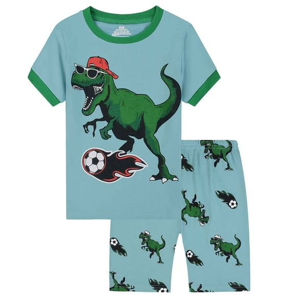 TIWEKE Big Boy Dinosaur Pajamas,Toddler Kids Baby Boys Cartoon Printed Loose CuteT Shirt Grid Shorts Outfits Short Sleeve Pjs for Toddler Boys,3-4 Years