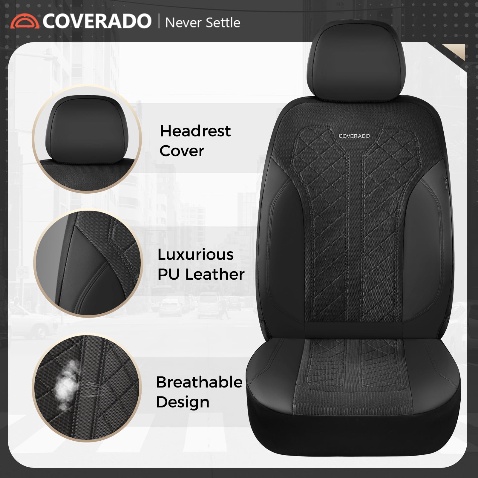Coverado Car Seat Covers Full Set, Luxury Faux Leather Seat Protectors, Universal Fit for Cars, SUVs, Trucks-Black