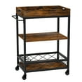 thumbnail image 2 of 3-Tier Rustic Brown Bar Cart with Removable Tray - Wine Rack & Storage Shelves - Mobile Utility Trolley on Wheels for Home, Kitchen, Dining Room, Parties, Coffee & Drinks - Vintage Dining Car, 2 of 8
