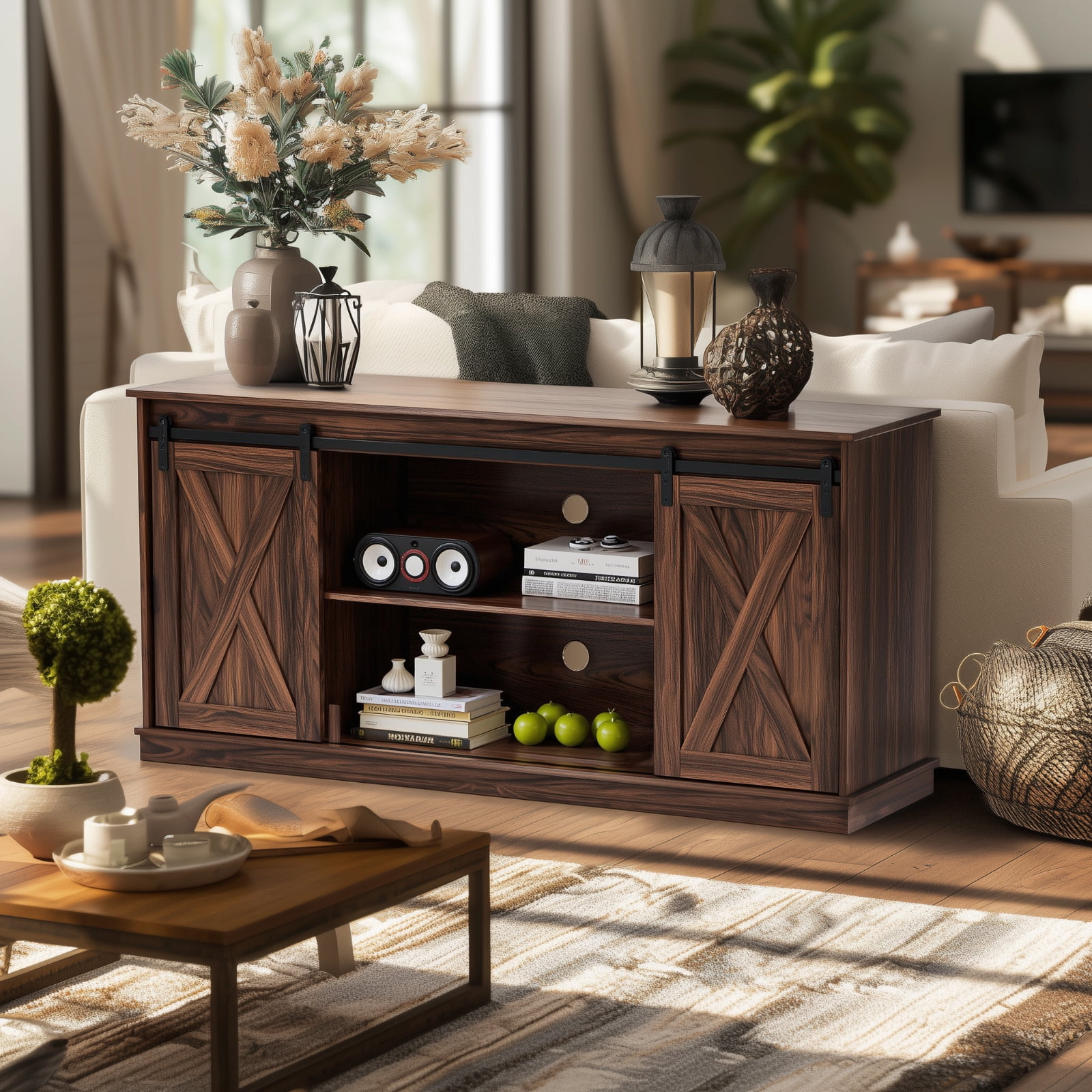 GIANNA TV Stand for Televisions up to 65 Inch, Entertainment Center with Sliding Barn Doors, Storage Cabinets and Media Shelves, Living Room Console Table, Rustic Brown