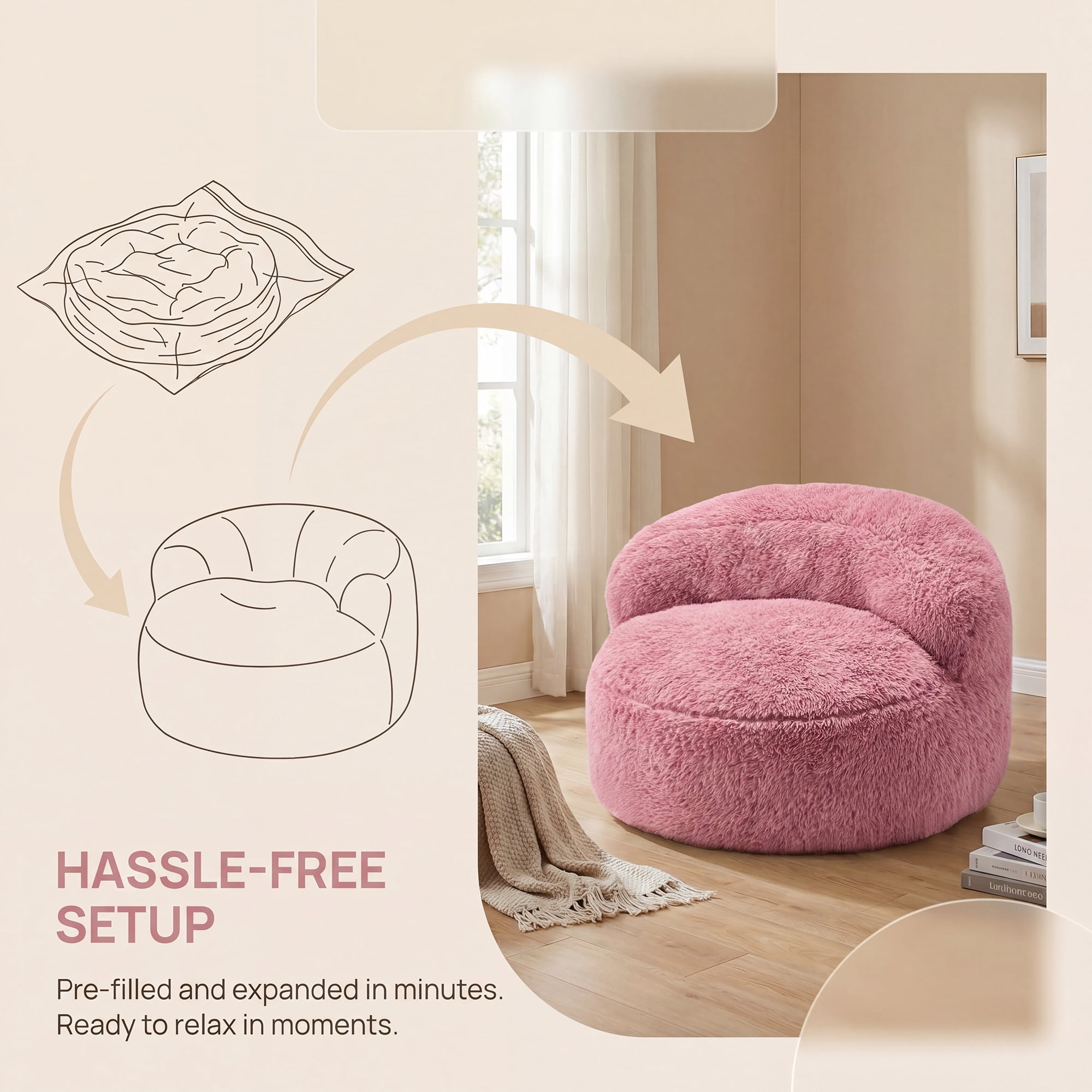 Fulsmile Bean Bag Chair Large Plush Chairs for Adults Giant Beanbag Chair Bean Bag Sofa with Stuffed Memory Foam Oversized Bean Lounger Chair for Reading Gaming Relaxing, Pink
