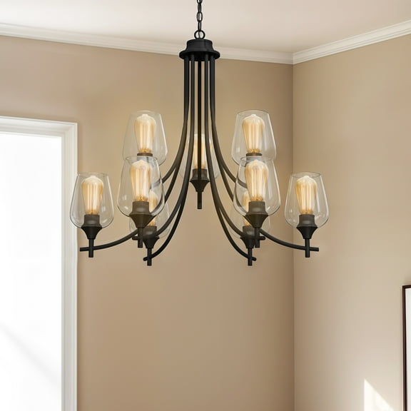 ModFusion 9-Light Chandelier Lamp with Clear Glass Lampshade & Adjustable Chain Height, Modern Pendant Ceiling Light Fixture with E26 Bulb Compatible, Black