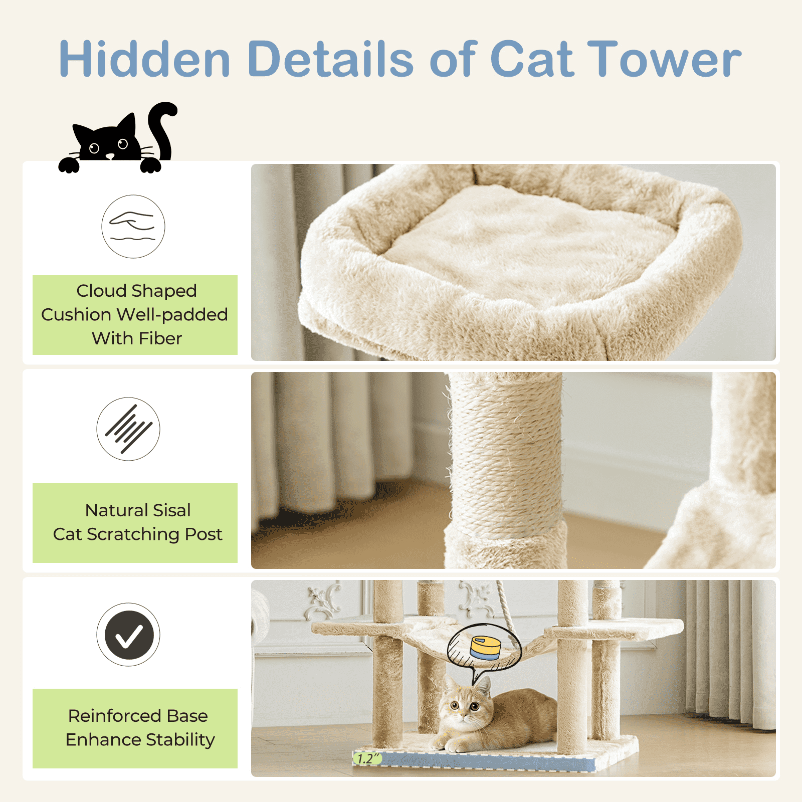 MAYEERTY 66-inch Cat Tree Tower Multi-Cat Climbing Extended Platform Hammock Pet House