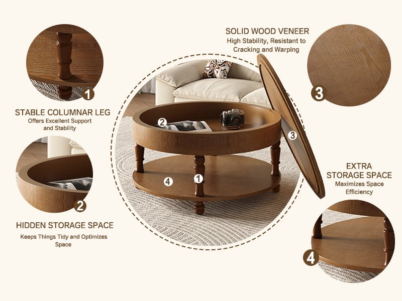 31.5" Round Coffee Table with Hidden Storage, Modern Wood Coffee Table with Flip-Top Compartment & Open Shelf, Dual-Tier Center Table for Living Room,Walnut