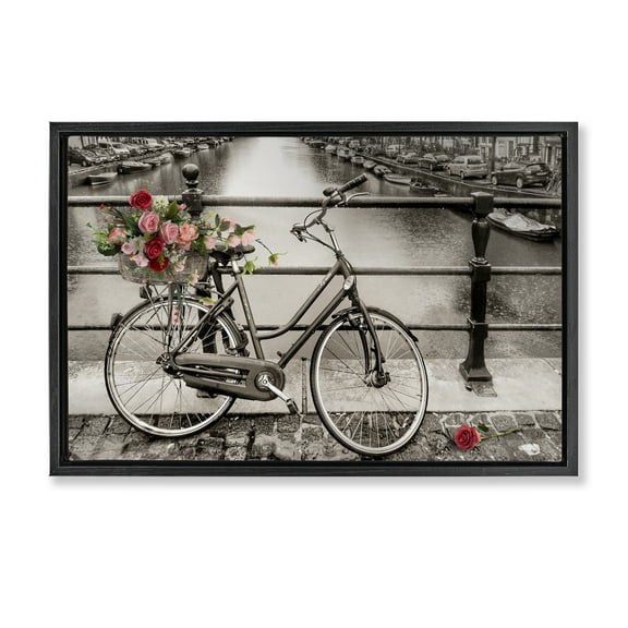 Stupell Industries Rose Filled Bike over Canal Transportation Painting Black Floater Framed Canvas Art Print Wall Art, 25 x 17