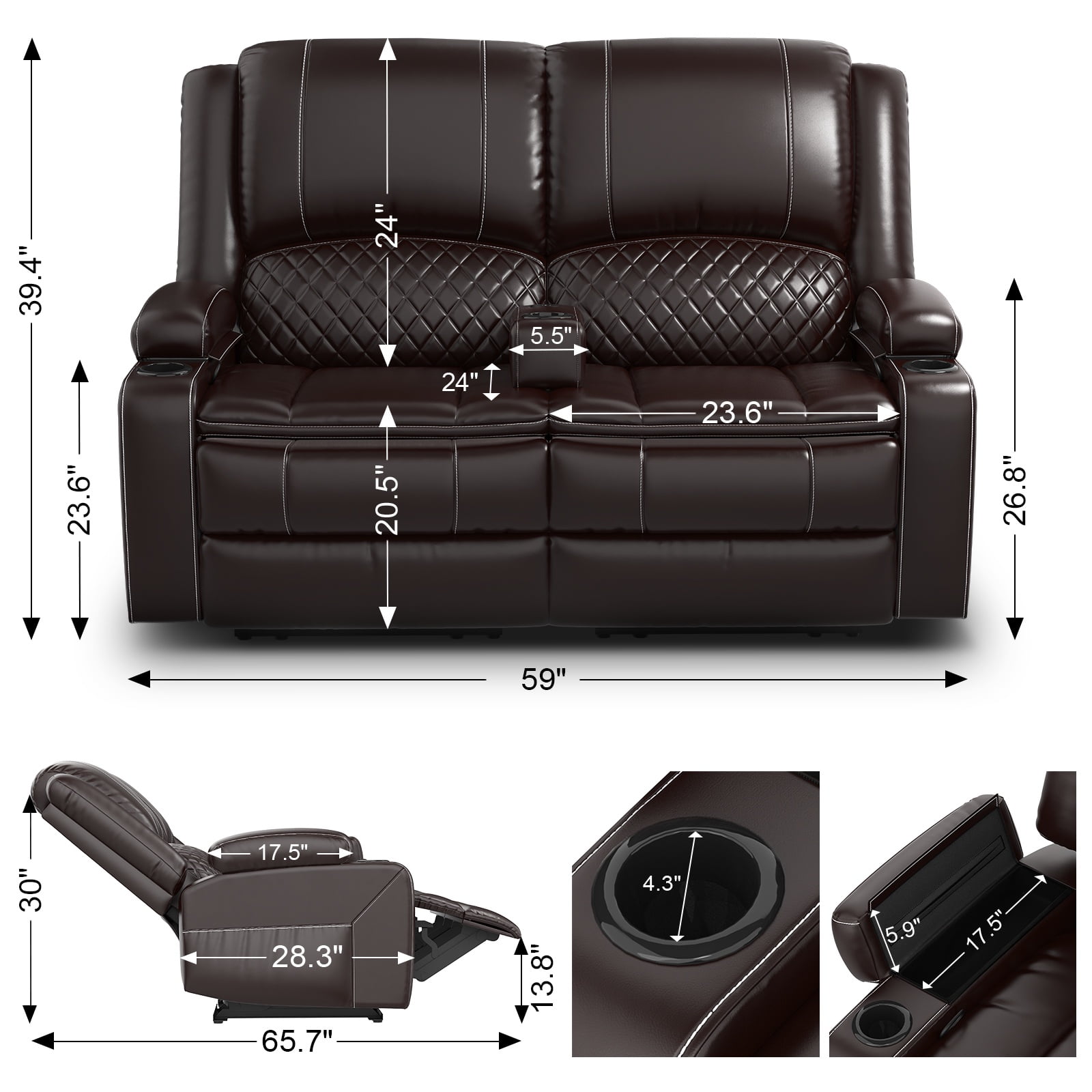 Loberfve Loveseat Recliner Sofa, Manual Recliner Chair with Removable Armrest, 2-Tier Cushions, USB Charging Ports, Cup Holders, Faux Leather Reclining Loveseat for Adults, Brown