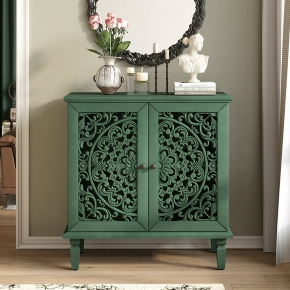 Vintage Accent Cabinet with Hollow Floral Carving, 2-Door Display Sideboard with Adjustable Shelf, for Living Room, Antique Green
