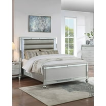 Silver Faux Leather 1pc King Size Bed W LED Tufted Headboard Footboard Master Bedroom Furniture