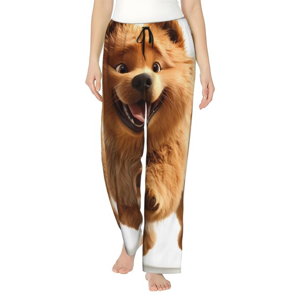 Fotbe Happy Fluffy Running Dog Pantalones de Pijama para Mujer, Pantalones de Dormir, Pantalones Pj con Cordón y Bolsillos-Small