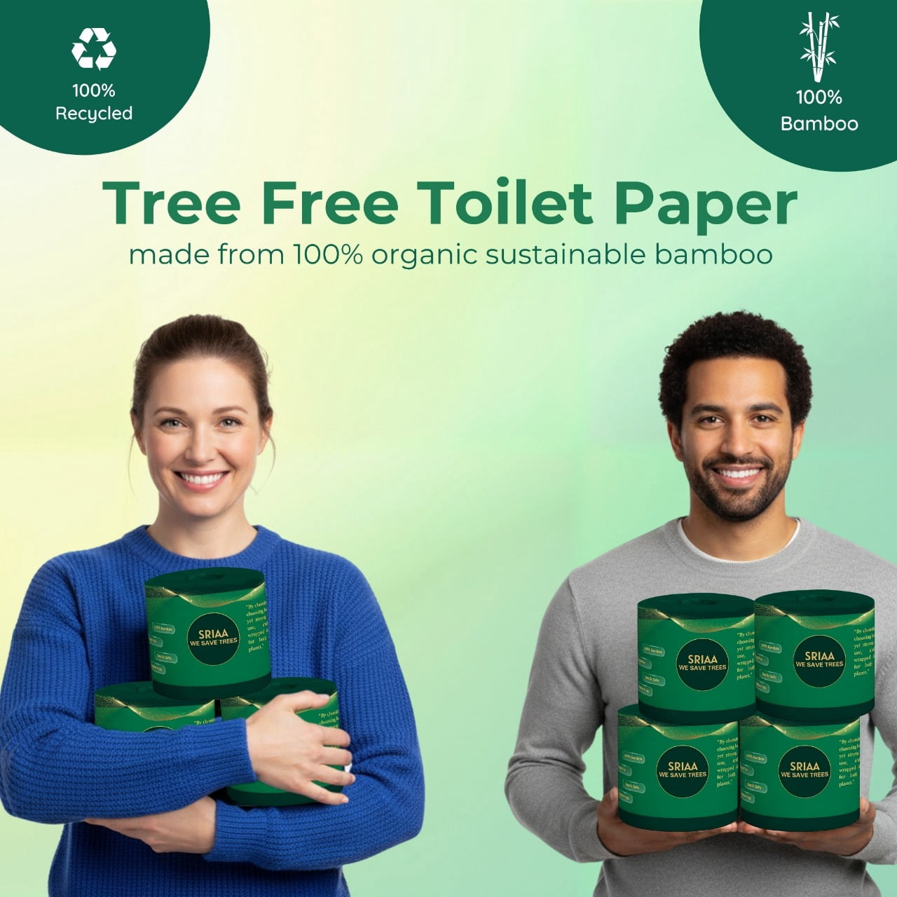 SRIAA 100% Bamboo Tree-Free Toilet Paper – 24 Premium Family Mega  Rolls, 3-Ply, 300 Sheets Per Roll – Ultra Soft & Strong, Plastic-Free Packaging, Septic Safe, FSC Certified – We Save Trees