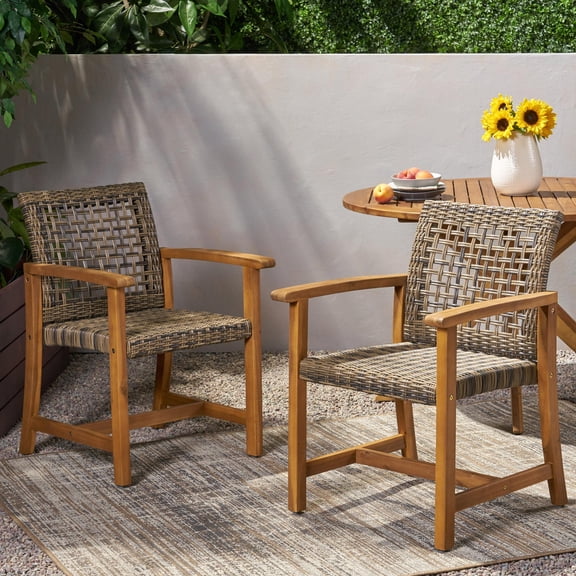 Outdoor Dining Chairs, Classic Natural Acacia Wood Light Gray Wicker, Set of 2 | Wood Rattan | Natural Stained