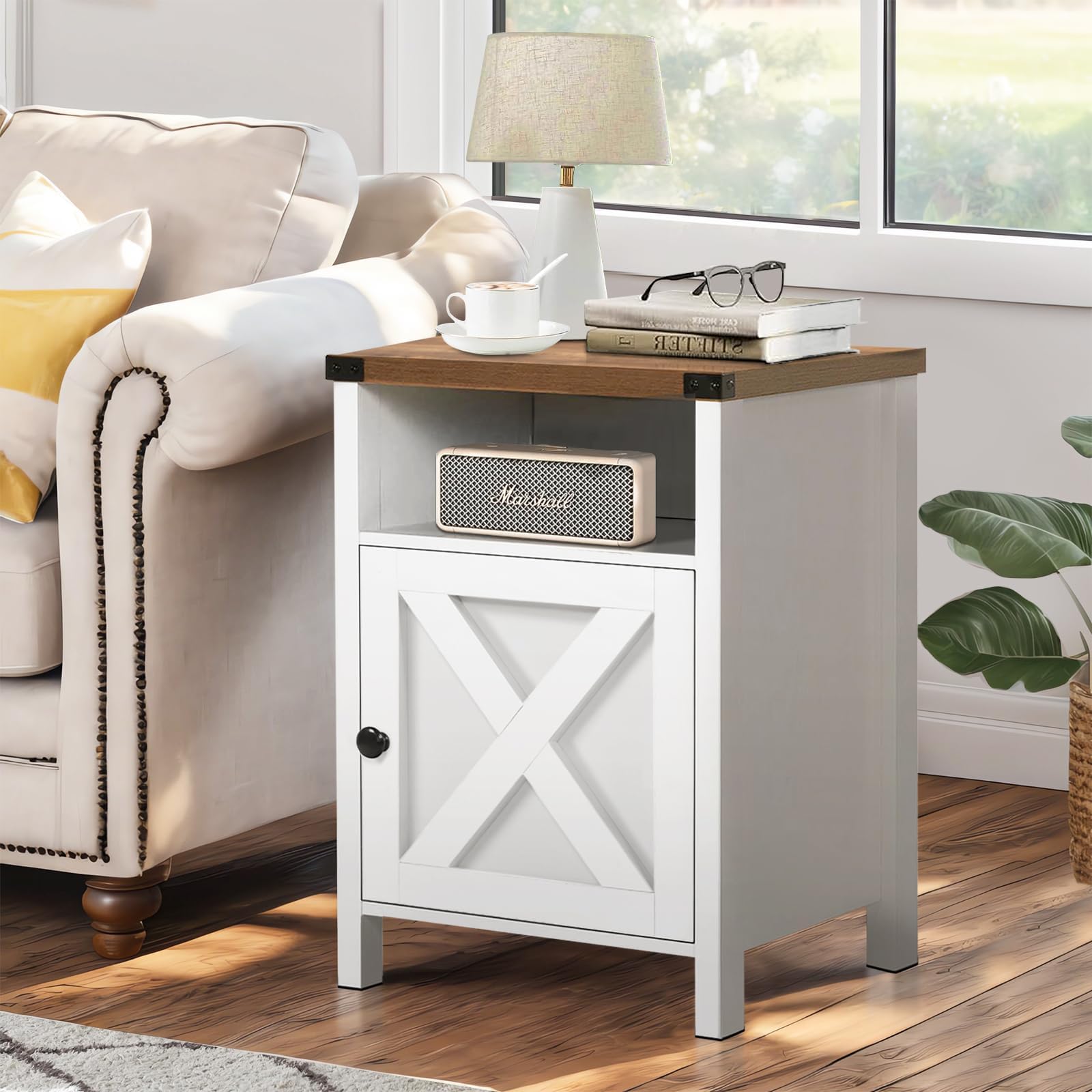 4 EVER WINNER Farmhouse Barn Door Side Table Set of 2, Cream White End Table with Barn Door Storage, Bedside Table for Bedroom Living Room