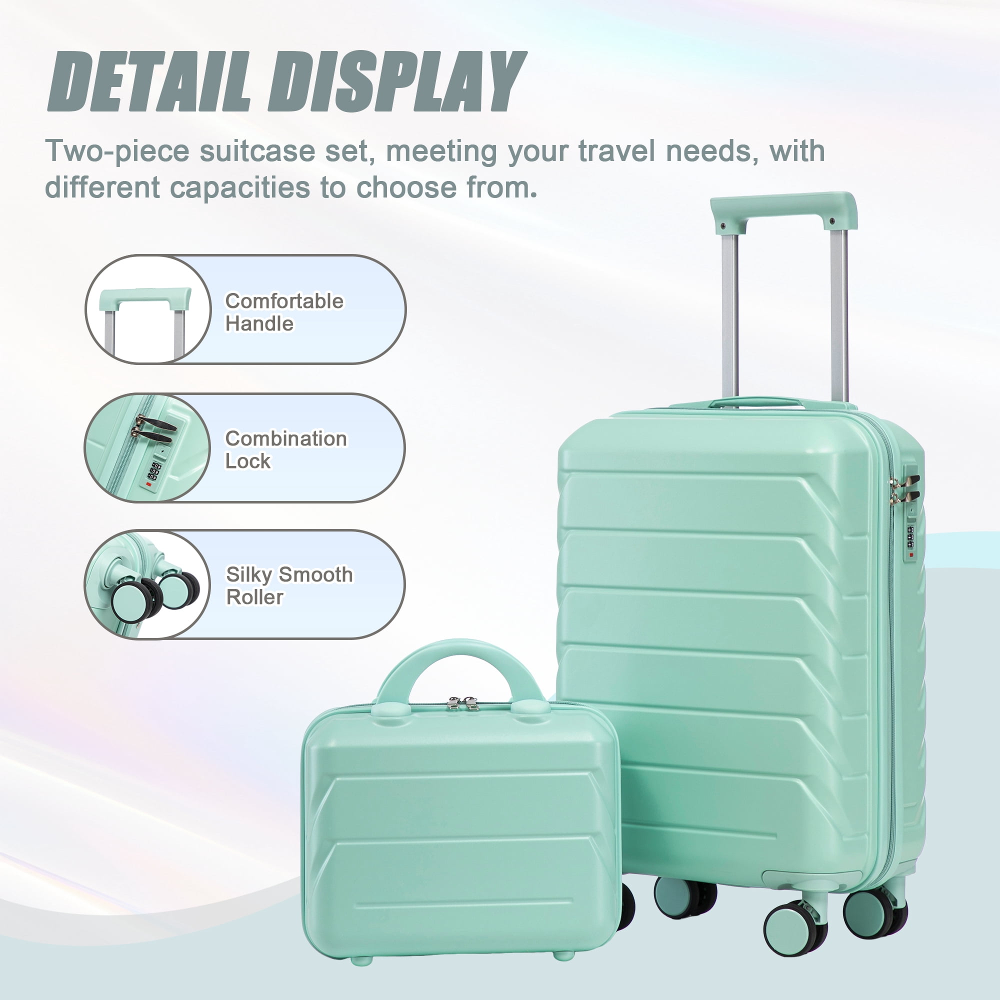 14"/20" 2 pcs/set in ABS Spinner Wheel Luggage, with Combination Lock,14" Cosmetic Case (Mint Green)
