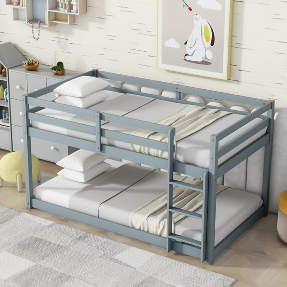 Noble House Alina Twin Over Twin Floor Bunk Bed with Ladder, Solid Rubber Wood Frame with Strengthened Slats, Grey