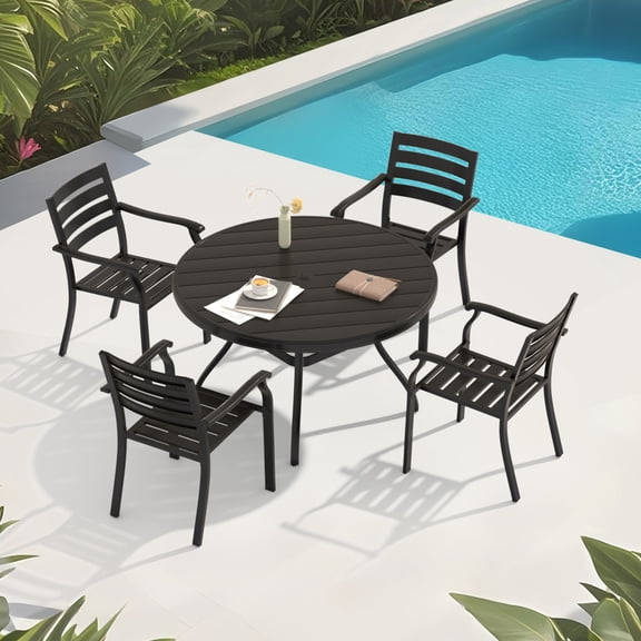 5-Piece Outdoor Patio Dining Set with 4 Stackable Metal Chairs & 40.6" Round Table, Adjustable Umbrella Hole, Durable Metal Construction for Backyard & Deck