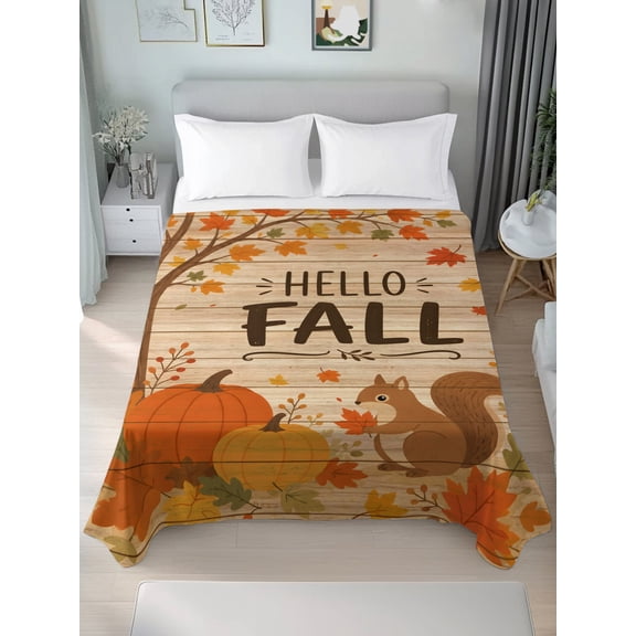 Twin Flat Sheet Only Hello Fall Pumpkin Squirrel Soft Microfiber Cooling Bedding Sheets Maple Leaves on Farm Wood Flat Bed Sheet for Hotel,Home Decor