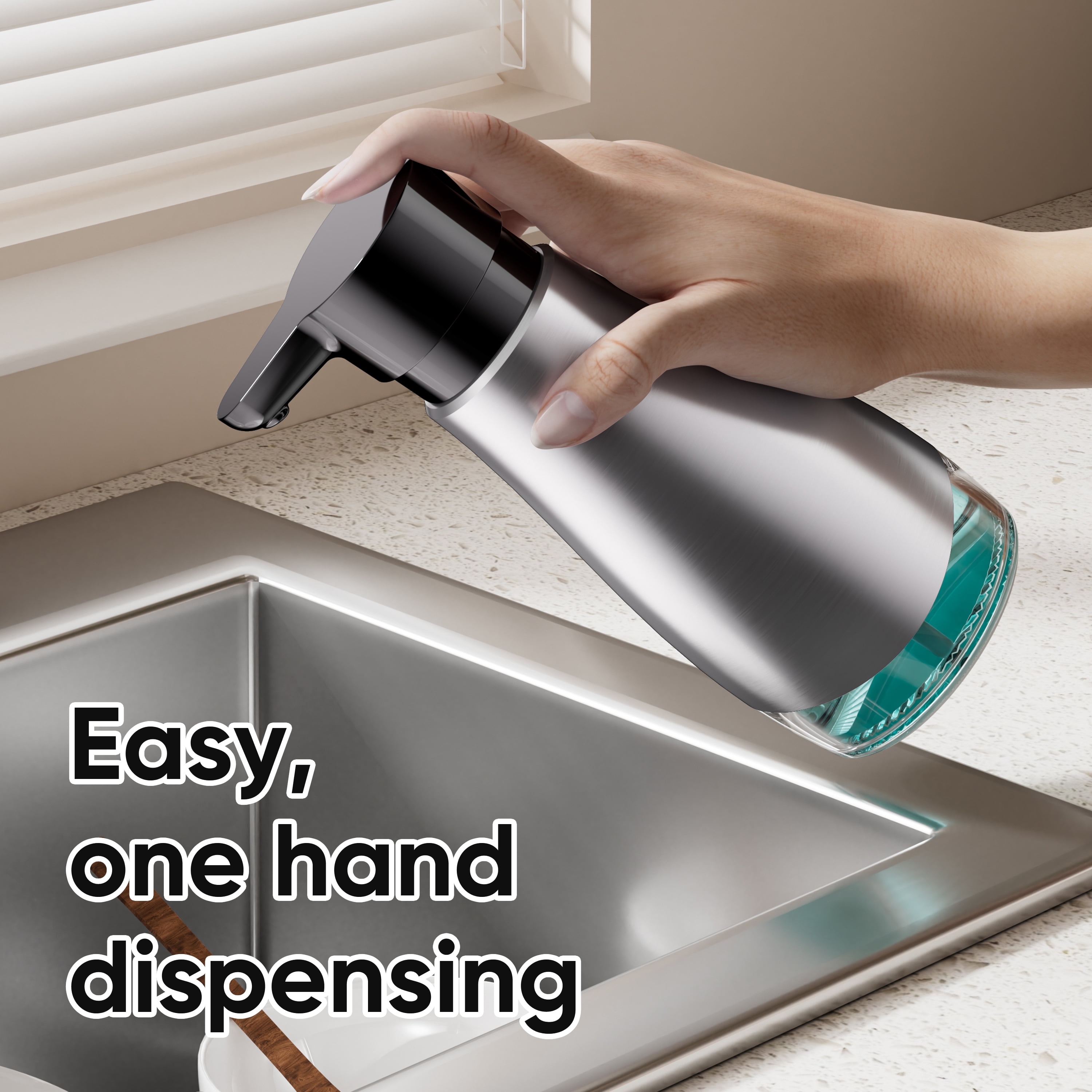 Oasis Creations 500 mL /17fl.oz Stainless Steel Liquid Soap Dispenser for Dish and Hand Soap - Two Toned Silver and Black - Refillable - Great for Kitchen Bathroom or Countertop
