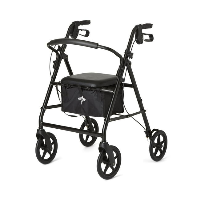 Andador con ruedas Medline de acero para adultos con movilidad reducida, color negro, capacidad de peso de 136 kg, ruedas de 20 cm, plegable, asas ajustables, ideal para personas mayores.