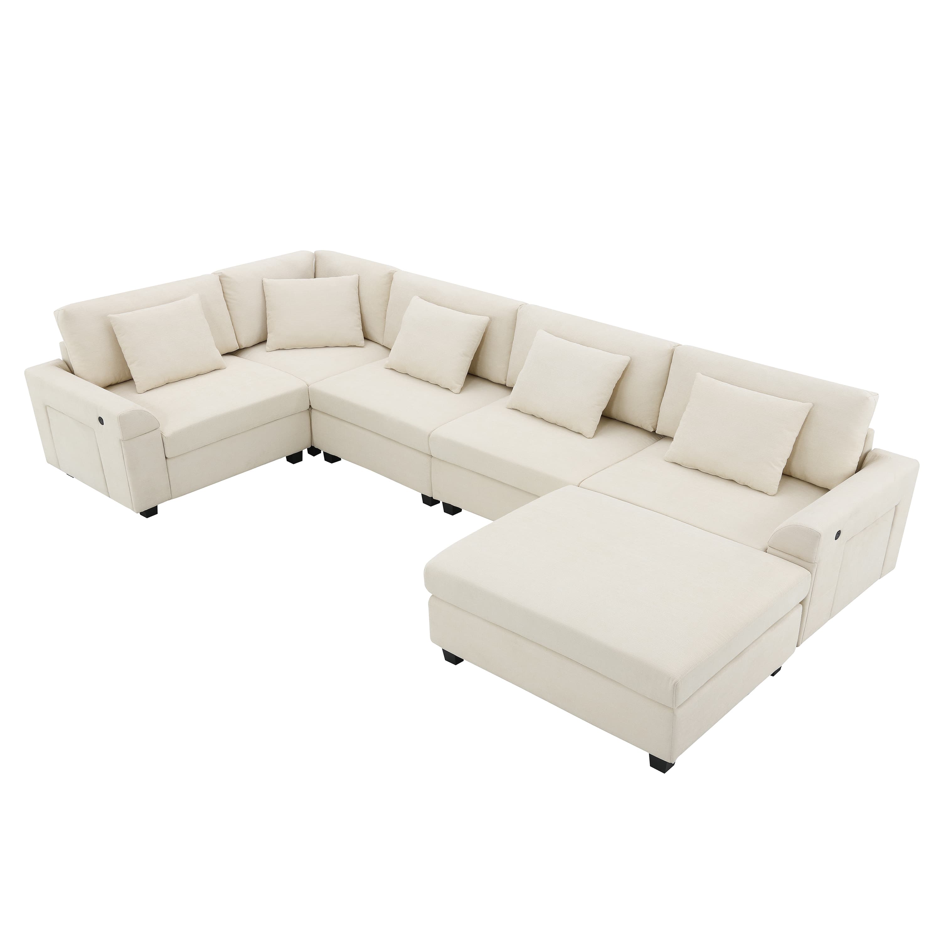 MAYEERTY 128x67" U-Shaped Sectional Sofa - 6-Seat Chenille Couch with Ottoman/Armrest Storage/Cup Holders/USB, Wide Seat for Living Room/Apartment, 2 Colors