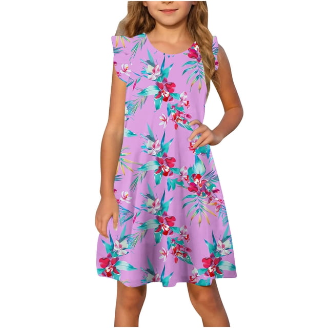 RXIRUCGD 2025 Vêtements d'Été pour Enfants Robe d'Été à Manches à Volants pour Filles 4-14T