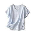 thumbnail image 2 of ClodeEU Women's Linen Blend V Neck Short Sleeve Top with Rolled Cuff Sleeves ,Solid Color Casual Spring Summer Blouse Light Blue,Women's Plus L, 2 of 5