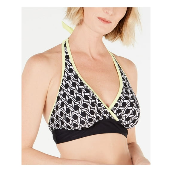 GO GOSSIP Women's Black Printed Stretch Surplice Colorful Trim Adjustable Fixed Cups Halter Swimsuit Top XL