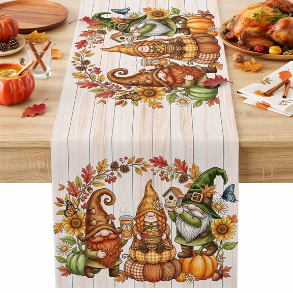 Thanksgiving Gnome Cotton Linen Table Runner Fall Pumpkin Sunflowers Maple Leaf Wood Grain Dining Table Runners for Home Decor Party Dining Room Restaurant Kitchen Party 13" x 48"
