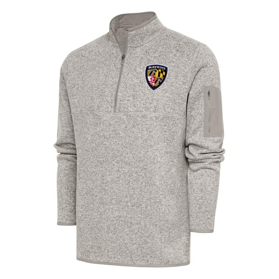 Men's Antigua Oatmeal Baltimore Ravens Throwback Fortune Quarter-Zip Pullover Jacket