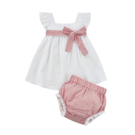 

Suanret Toddlers Infants Baby Girls 2Pcs Summer Outfits Fly Sleeve Tie Belted Tops Lace Trim Shorts Set Pink 0-6 Months