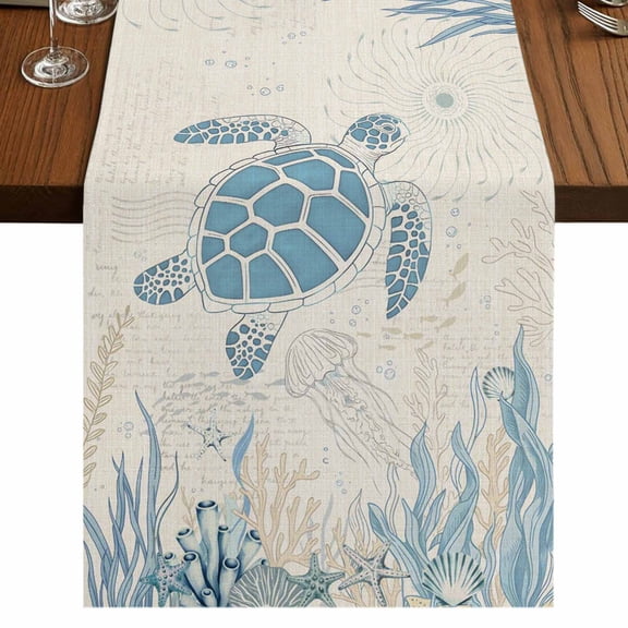 Table Runners 72 Inches Long Dress Scarves, Blue Turtle Coastal Farmhouse Kitchen/Dining Table Runner, Coffee Tablerunners, Coral Summer Beach Nautical Ocean Beige 14x72 Inch