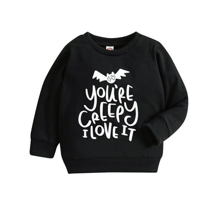 

Canrulo Kids Baby Boys Girls Halloween Sweatshirt Letter Round Collar Long Sleeve Pullover Tops Clothes Black Bat 18-24 Months