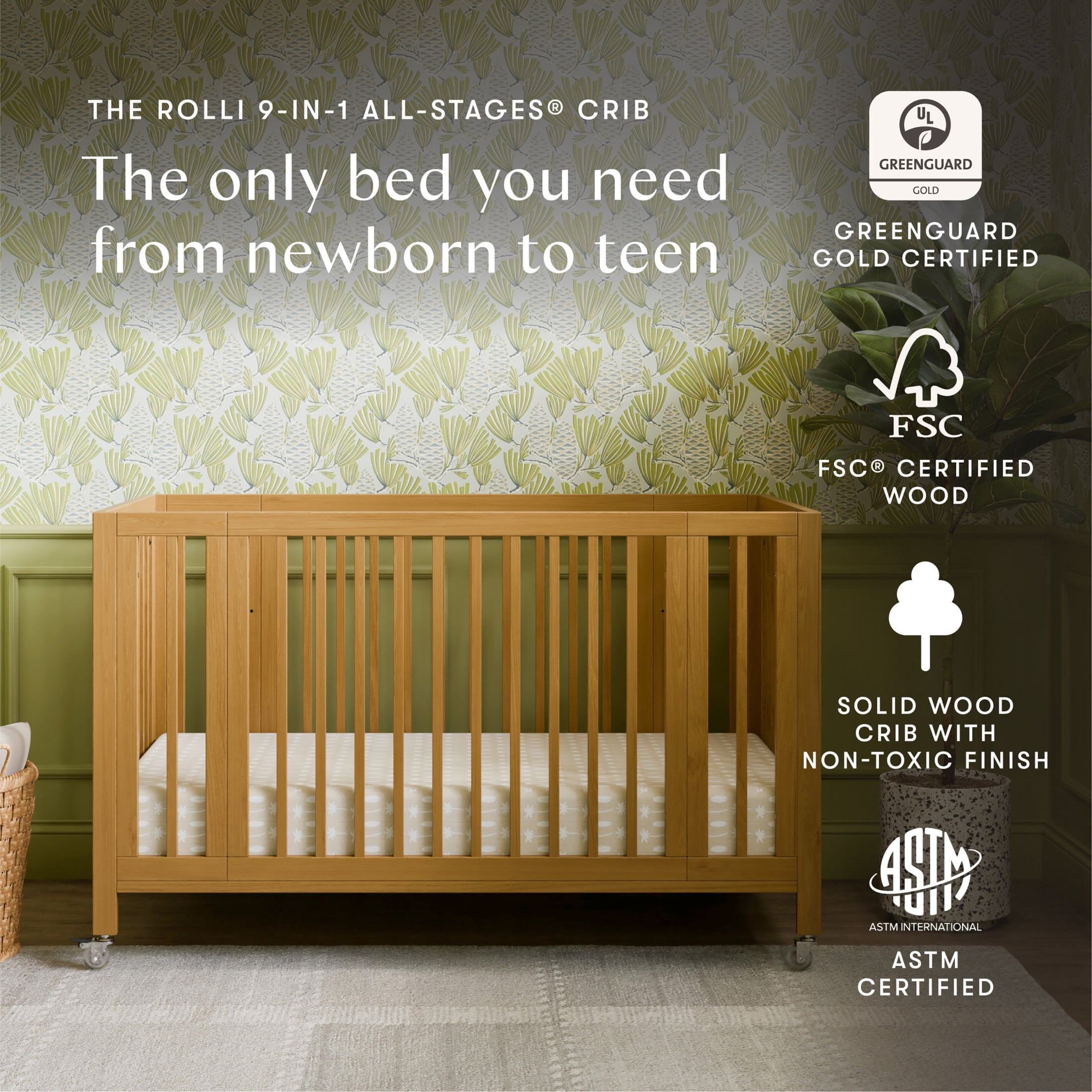 Babyletto Rolli 9-in-1 Convertible All-Stages® Crib with Bassinet & Toddler Bed Conversion Kits