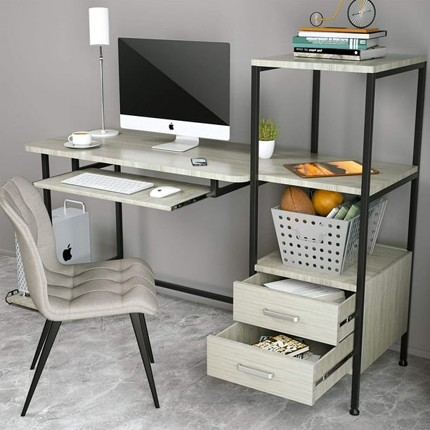 Sedeta computer desk with storage shelves, 55 inch large modern office desk. mecor computer desk with 2 drawers modern writing desk with bookshelf pc laptop study table workstation for home oak grey