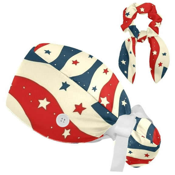 RATGDN Stars Stripes Tie Scrub Cap for Women Men, Nursing Hats with Buttons and Sweatband, Adjustable Elastic Working Caps Surgical Cap with Hair Bow - One Size Fits All