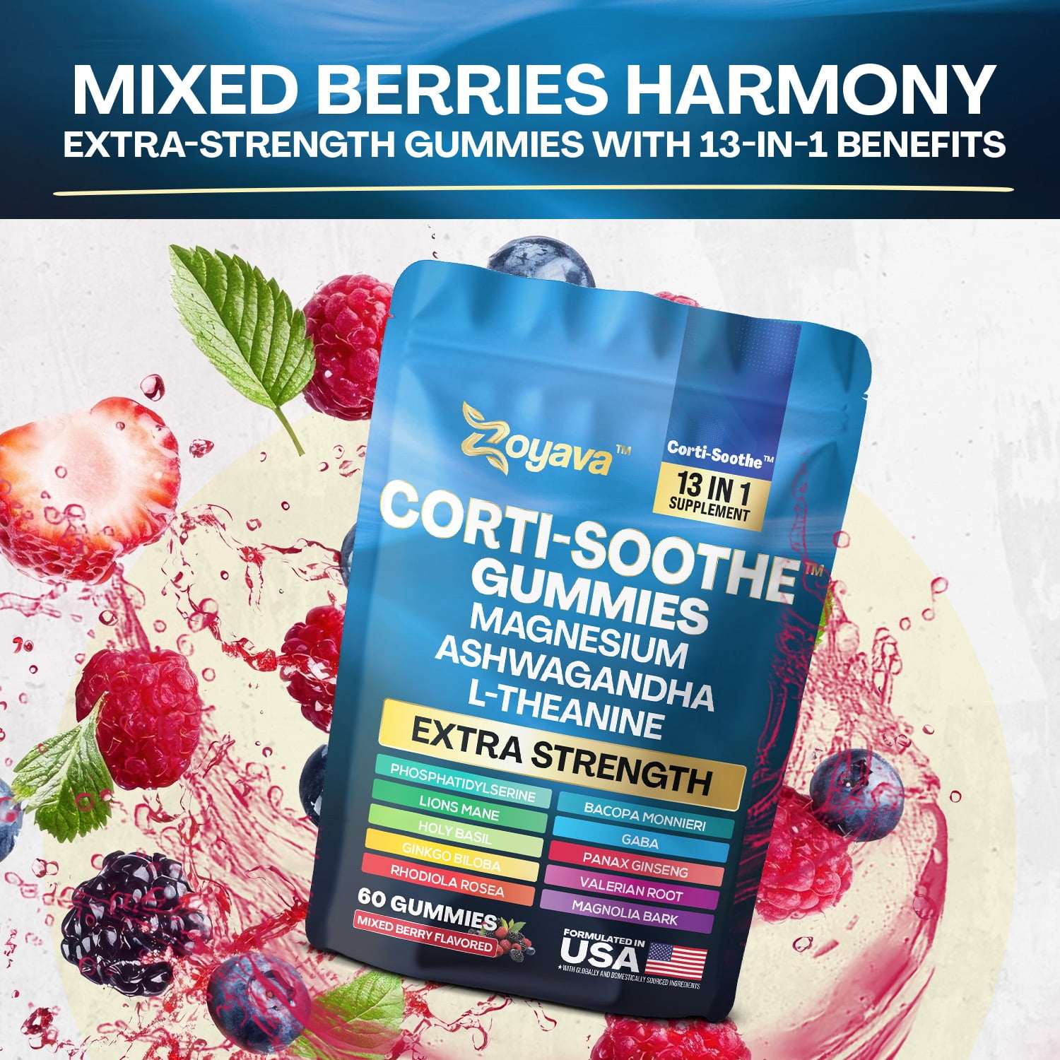 Zoyava Corti-Soothe Cortisol Supplement – Magnesium Glycinate, L-Theanine, Ashwagandha, Phosphatidylserine, Lion’s Mane, Ginkgo, Bacopa & Valerian Root – 60 Mixed Berry Gummies