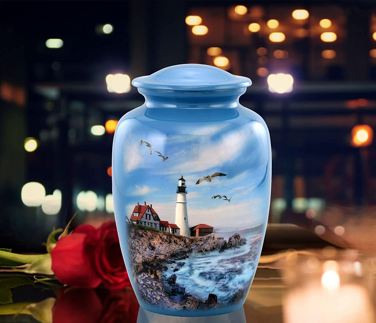 Lighthouse Large Adult Cremation Urn for Ashes, Blue Memorial Urn with Velvet Bag