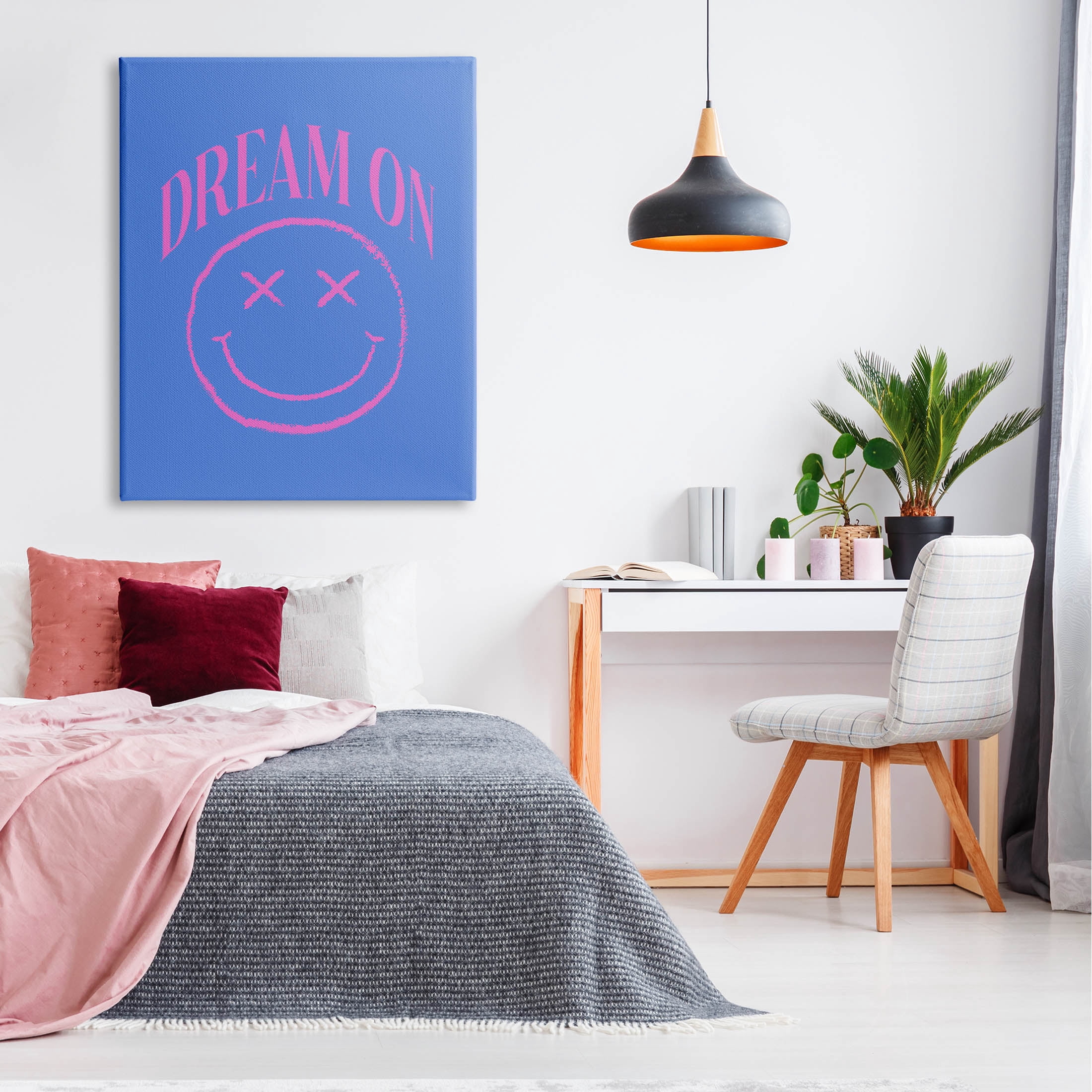 Dream On Smiley Face Phrase Typography Graphic Art Gallery Wrapped Canvas Print Wall Art