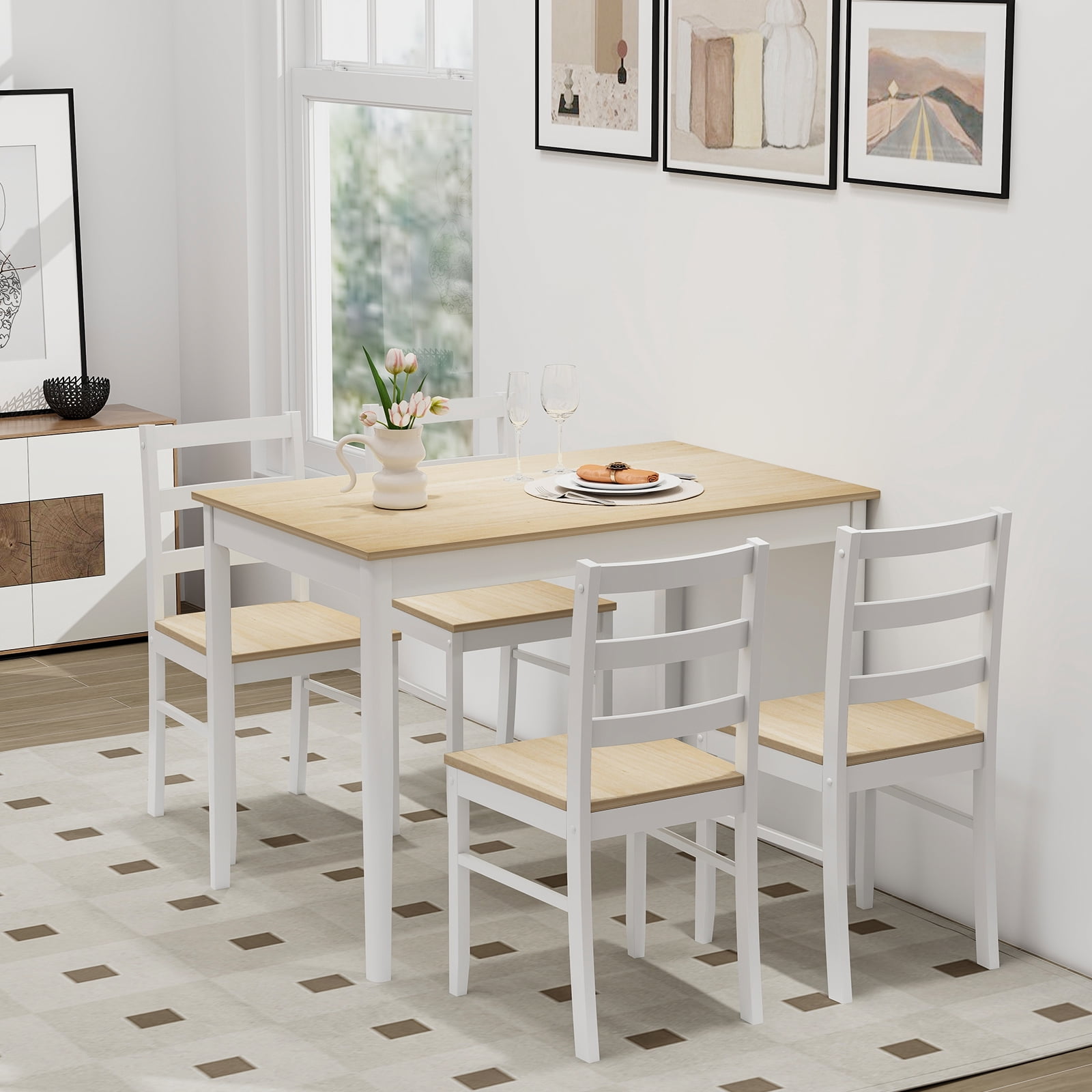 Costway 5 Piece Rubberwood Space Saving Dining Table with Chair Natural